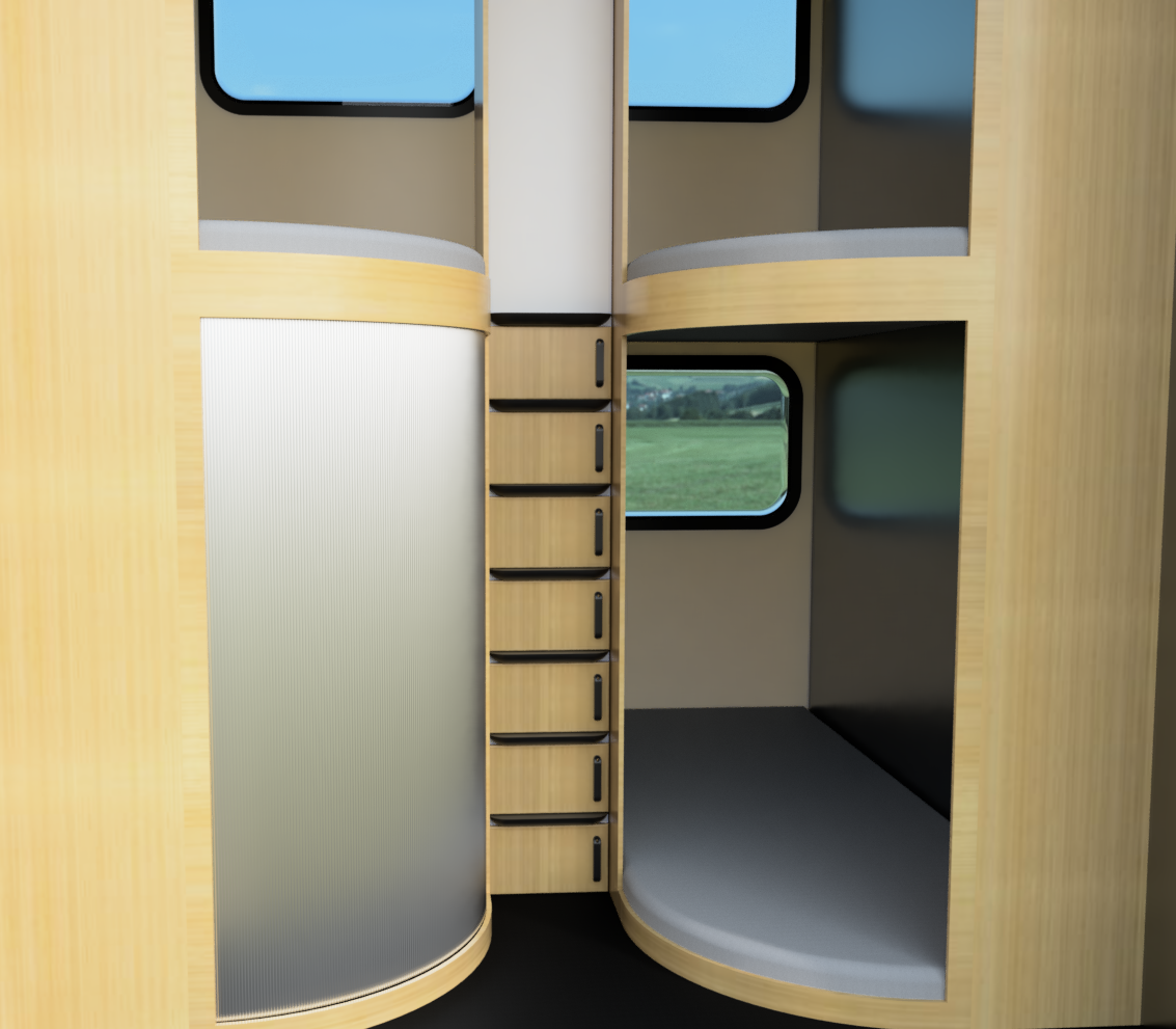 Detailní interiér spacích kapslí s dřevěnými prvky, pohodlnou postelí, oknem a úložnými prostory.