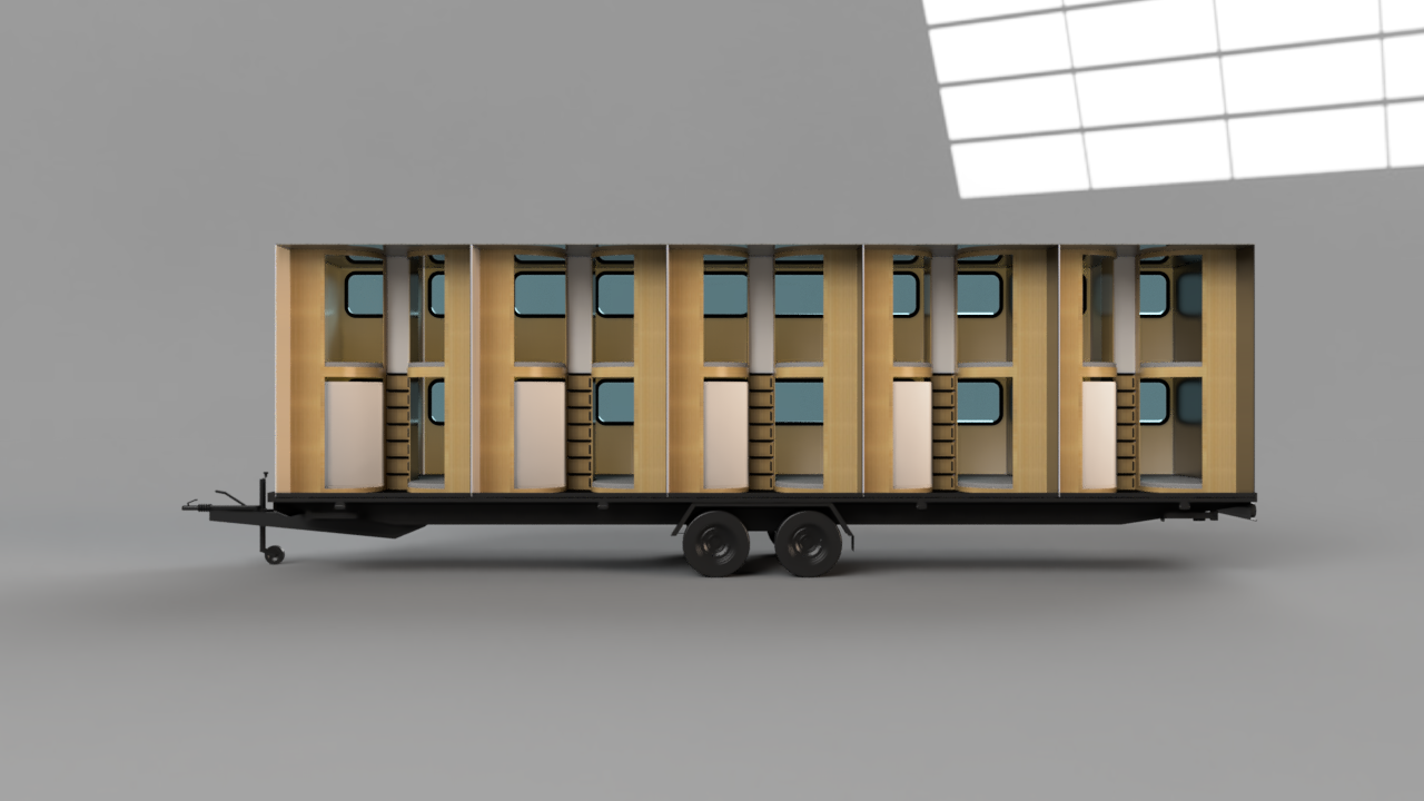 Detailní průřez přívěsu SleepTrailer ukazující uspořádání 20 luxusních spacích kapslí s dřevěnými prvky a okny.
